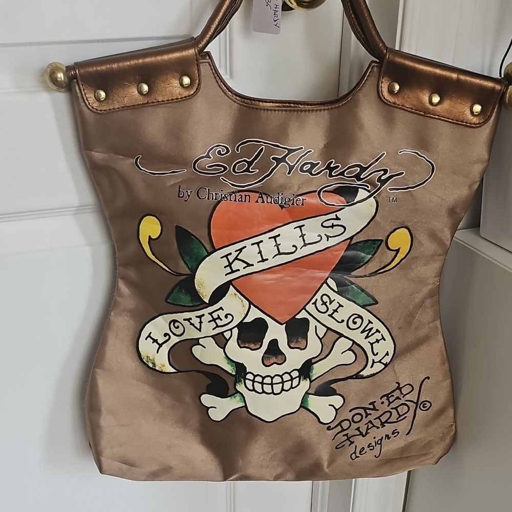 Ed Hardy Brown Tote with Iconic Graphic Design